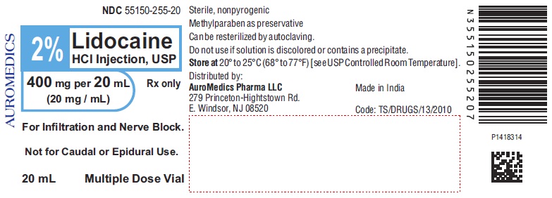 Lidocaine HCl 2%, 20 mg / mL Infiltration and Nerve Block Injection Multiple Dose Vial 20 mL Generic Equivalent to Xylocaine® (25/BX 4BX/CS) by Eugia US LLC Auromedics Pharma LLC  ID 55150-0255-20